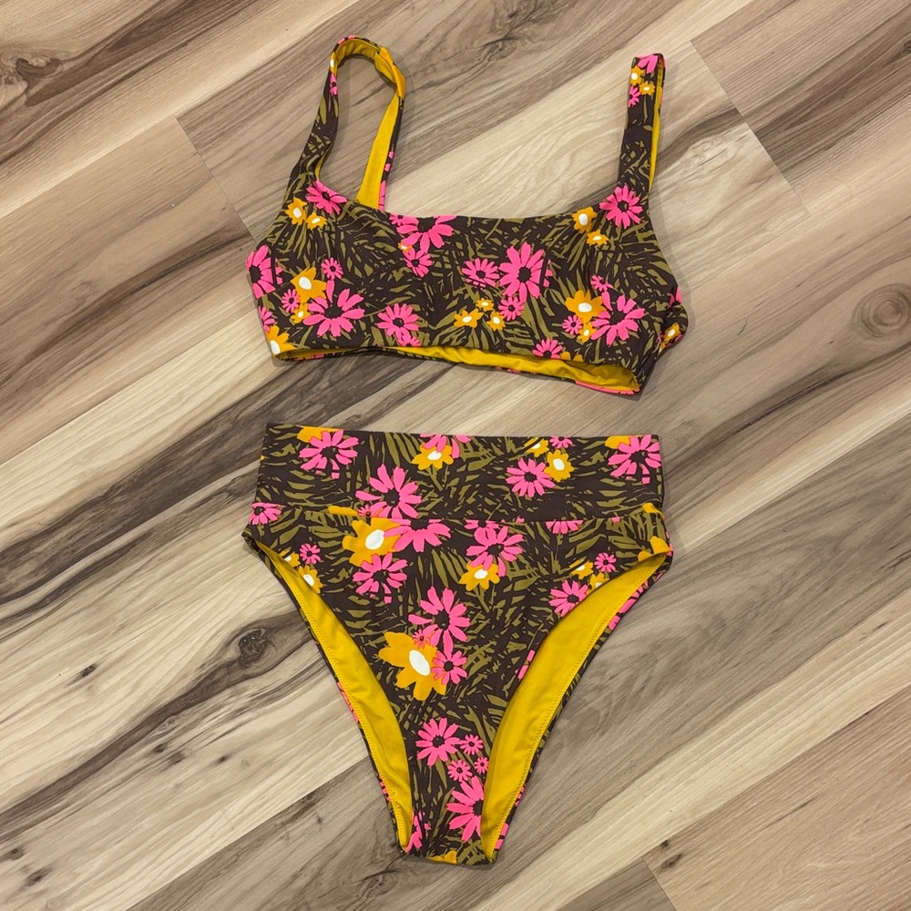 Aerie Floral Wide Strap Scoop Bikini Top & High Waisted Cheeky Bikini Bottom